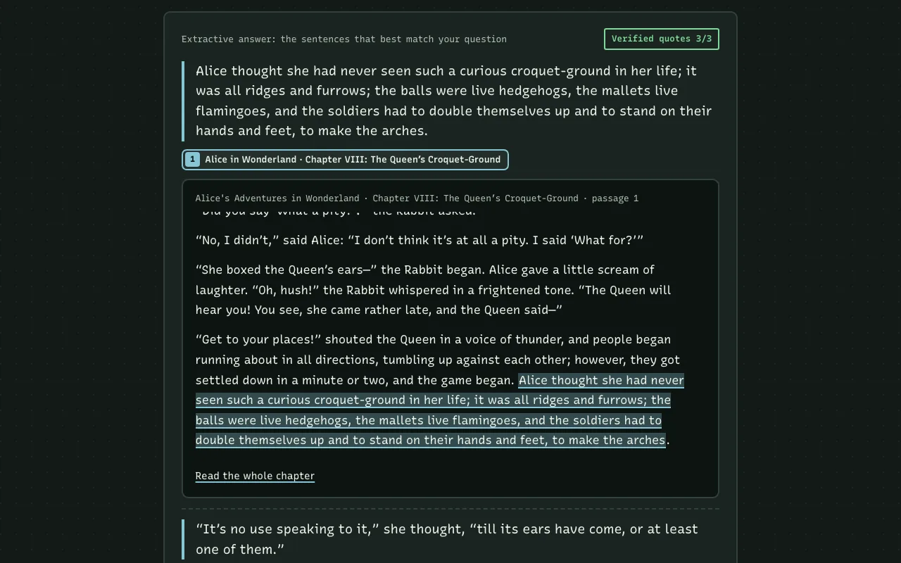 A Marginalia answer: the sentence about live hedgehogs and flamingoes, a Verified quotes 3/3 badge, and the cited passage from chapter VIII open underneath with the quote highlighted