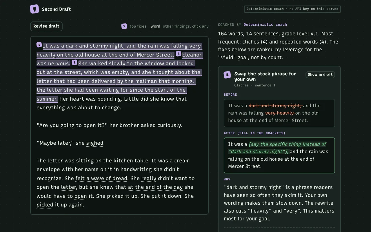A fiction draft with highlighted sentences on the left, and on the right the first fix card: swap the stock phrase dark and stormy night, with before, after and an exercise