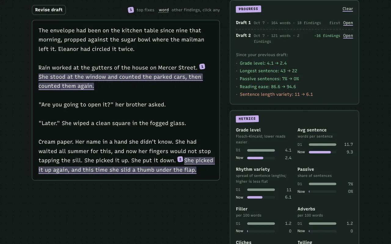 The revised second draft with two remaining highlights, a progress panel showing fewer findings, and metric bars comparing draft 1 to now