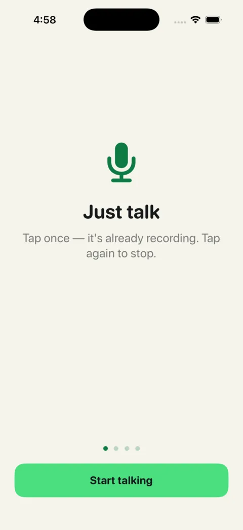 Onboarding: a microphone icon, the words Just talk, and a Start talking button