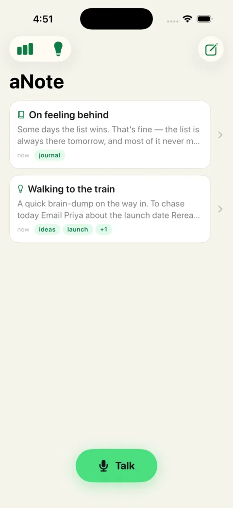 The notes list with two notes, On feeling behind and Walking to the train, each with its kind and tags, and a Talk button