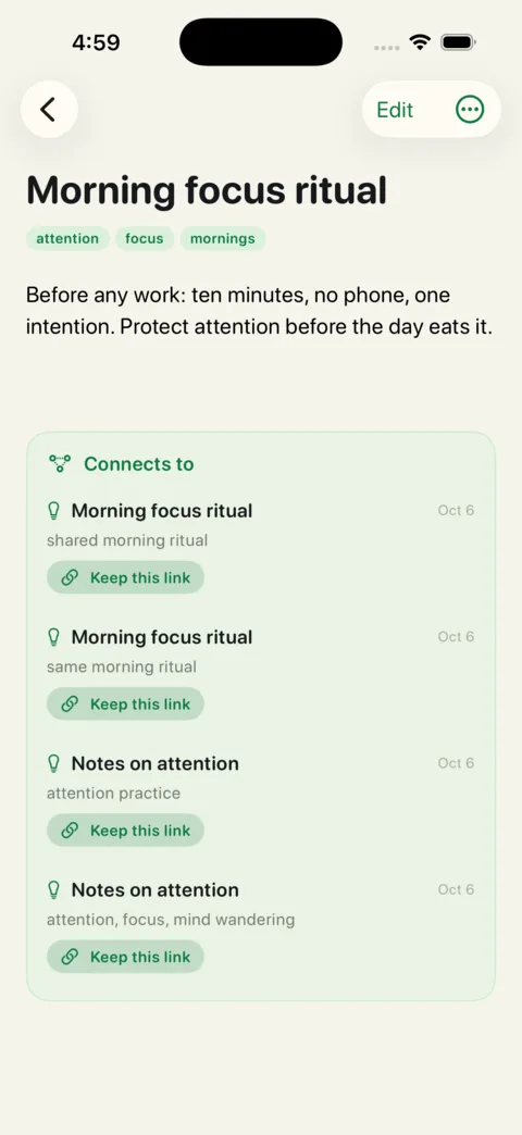 A note titled Morning focus ritual with tags attention, focus and mornings, a two-sentence body, and a Connects to card listing related notes