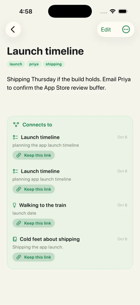 A note titled Launch timeline with a Connects to card: four related notes, each with a one-line reason and a Keep this link button
