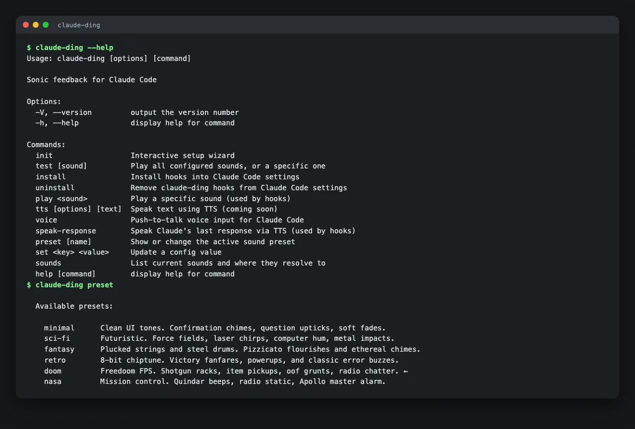 Terminal output of claude-ding --help listing its commands, and claude-ding preset listing the six presets with doom selected