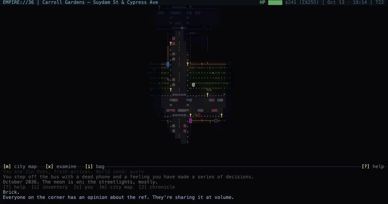 EMPIRE://36 street view: a glyph map of a Carroll Gardens intersection lit around the player, with HP, cash and the date in the header, a hint bar, and a message log at the bottom