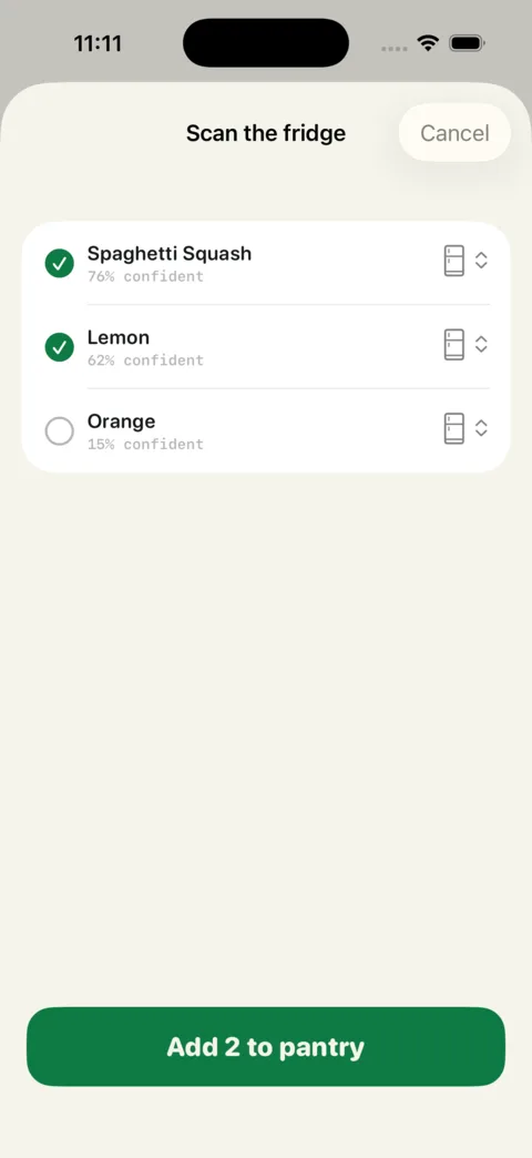 Scan the fridge: spaghetti squash and lemon recognised with confidence scores, and a button to add them to the pantry