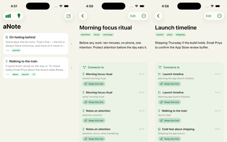 aNote: the notes list, a note, and the related-notes strip