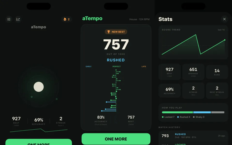 aTempo: home screen, the scoreboard, and stats