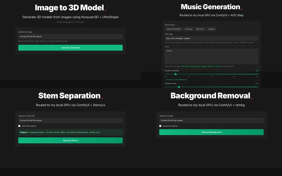 Four of the GPU tools that ran on austn.net: image to 3D, music generation, stem separation, background removal