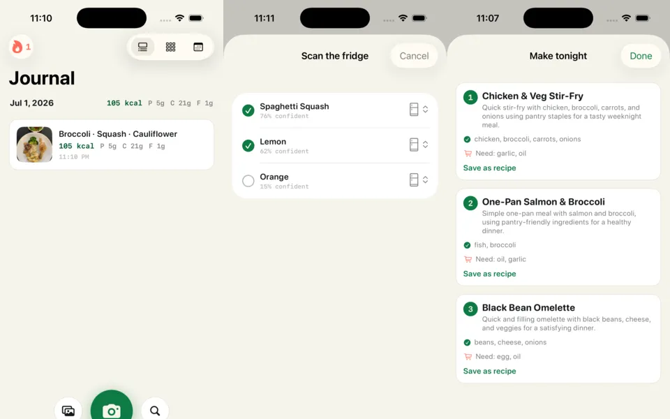 MealScan: the journal, a fridge scan, and dinner ideas